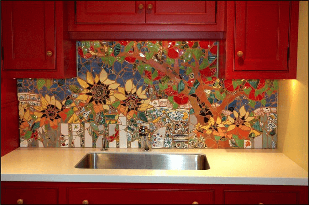 desain backplash dapur bermotif bunga