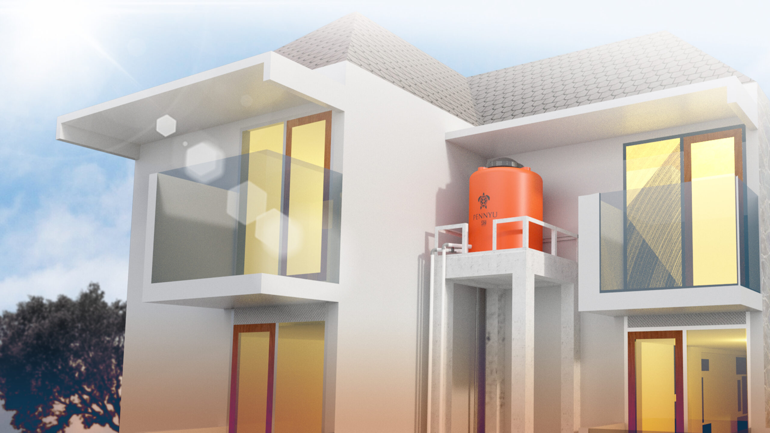 Penempatan tangki air Pennyu pada rumah modern dengan desain rapi dan efisien