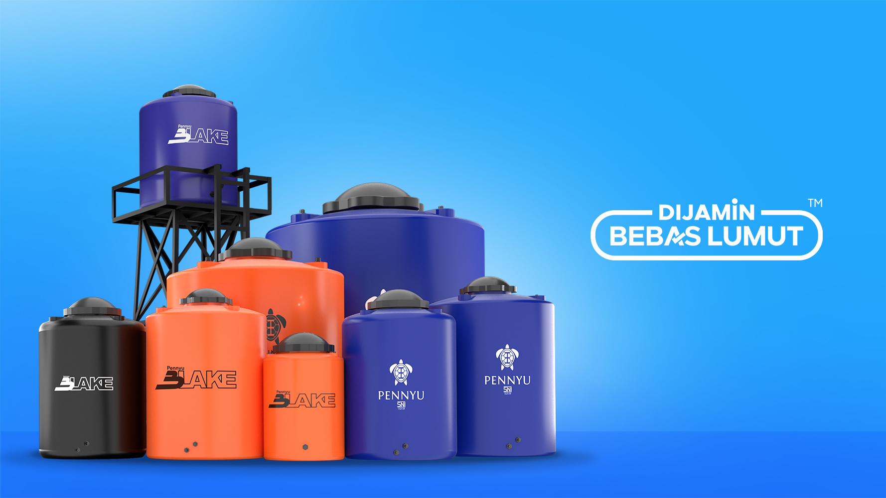 Tangki air bersih bebas lumut warna biru dan oranye dari Pennyu