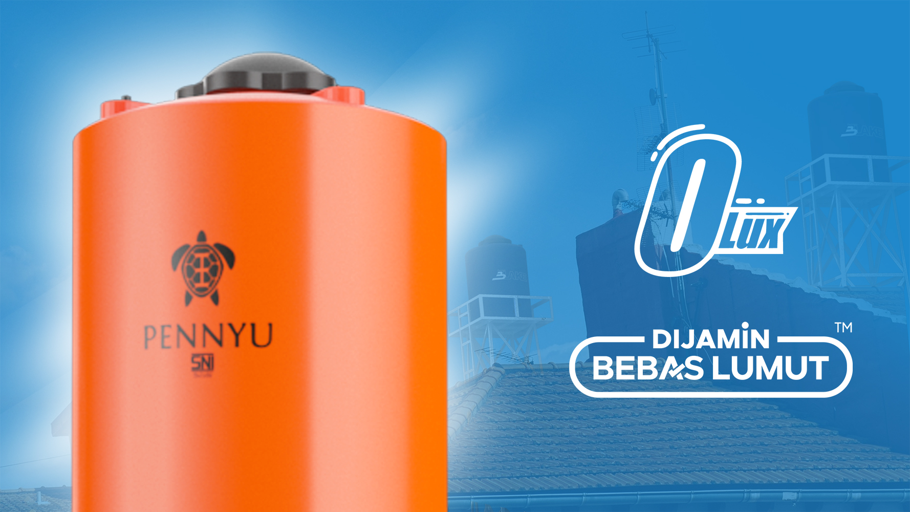 Tangki air Pennyu warna oranye dengan label Bebas Lumut