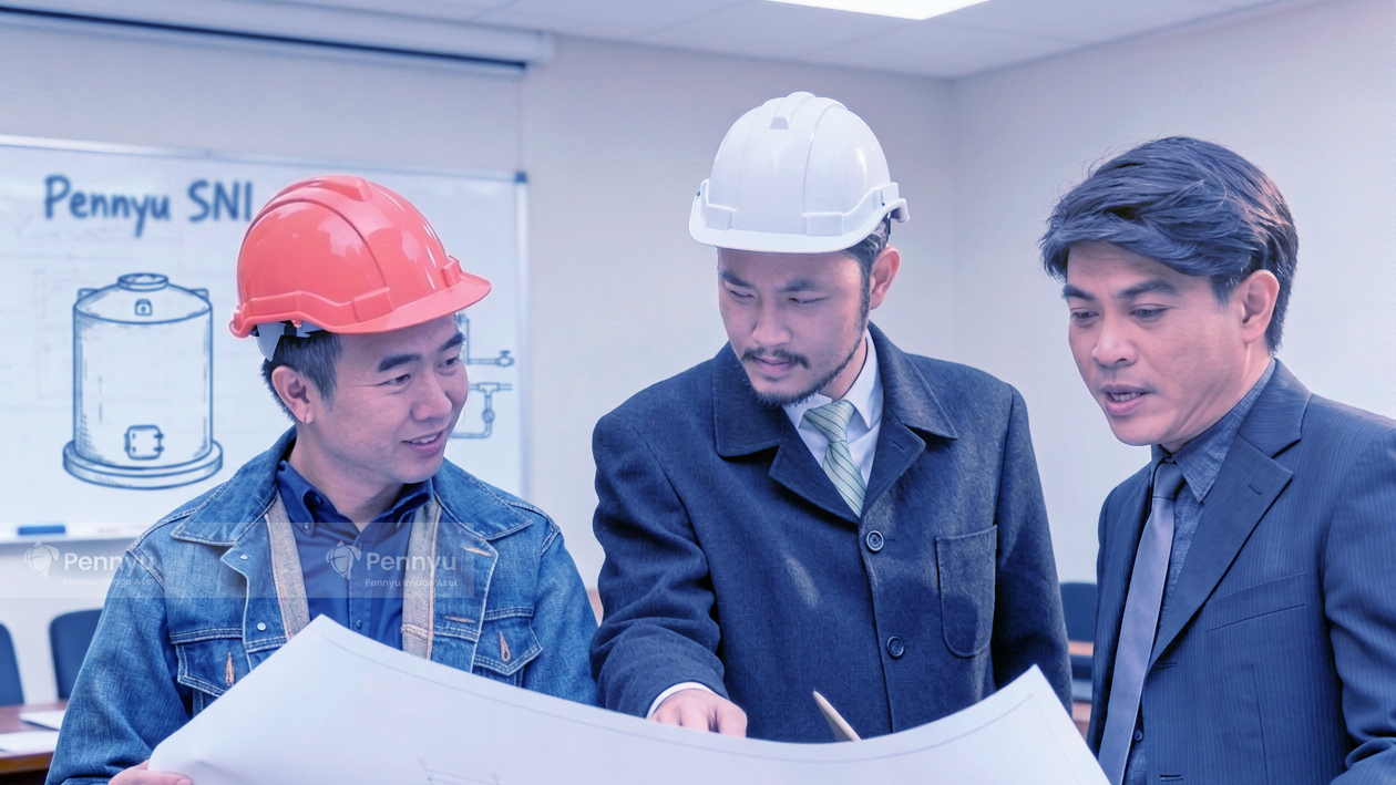 Tiga profesional berhelm proyek meninjau dokumen spesifikasi SNI tangki air Pennyu