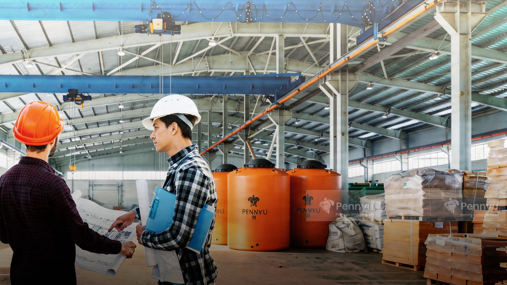 Pekerja kontraktor di area industri dengan tangki air berukuran besar dari Pennyu