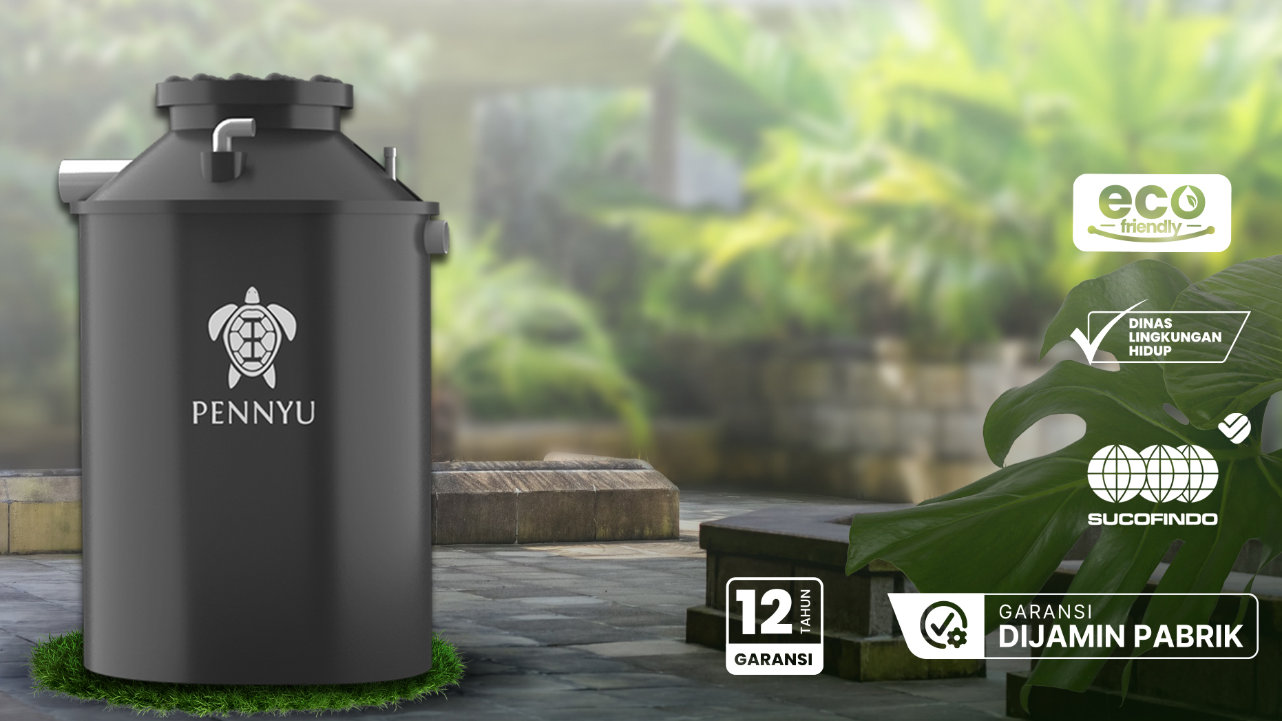 Ilustrasi produk Pennyu Bio Septic Tank yang telah Lolos Uji Lab Sucofindo dan Dinas Lingkungan Hidup, dengan Garansi 12 Tahun Dijamin Pabrik