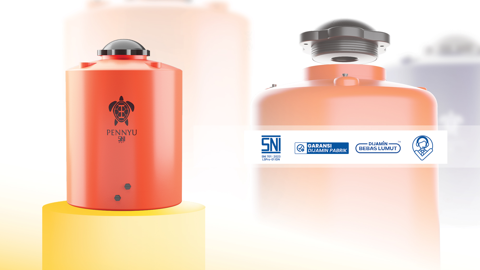 Produk Tangki Air Pennyu SATU adalah seri premium dengan garansi 21 tahun jaminan pabrik, tersertifikasi SNI, dijaminan bebas lumut.